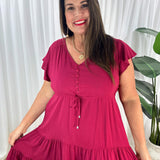 Vestido de mujer – Corte informal – Mangas con volantes – Cuello en V – Botones y cintura ajustable