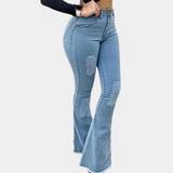 Vaqueros acampanados para mujer - Cintura alta - Efecto desgastado - Bajo deshilachado - Look vintage