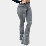 Vaqueros acampanados para mujer - Cintura alta - Efecto desgastado - Bajo deshilachado - Look vintage