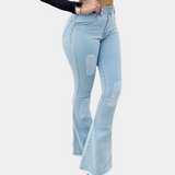 Vaqueros acampanados para mujer - Cintura alta - Efecto desgastado - Bajo deshilachado - Look vintage