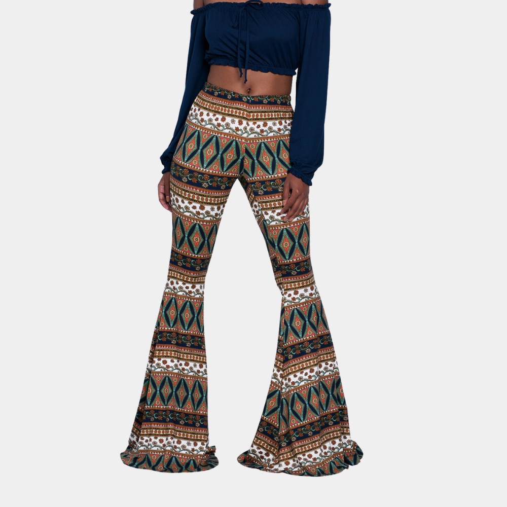 Pantalones acampanados para mujer - Cintura alta - Estampado bohemio - Acampanados y ajustados