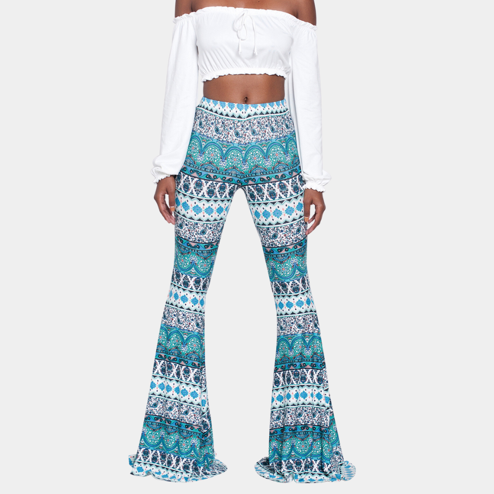 Pantalones acampanados para mujer - Cintura alta - Estampado bohemio - Acampanados y ajustados
