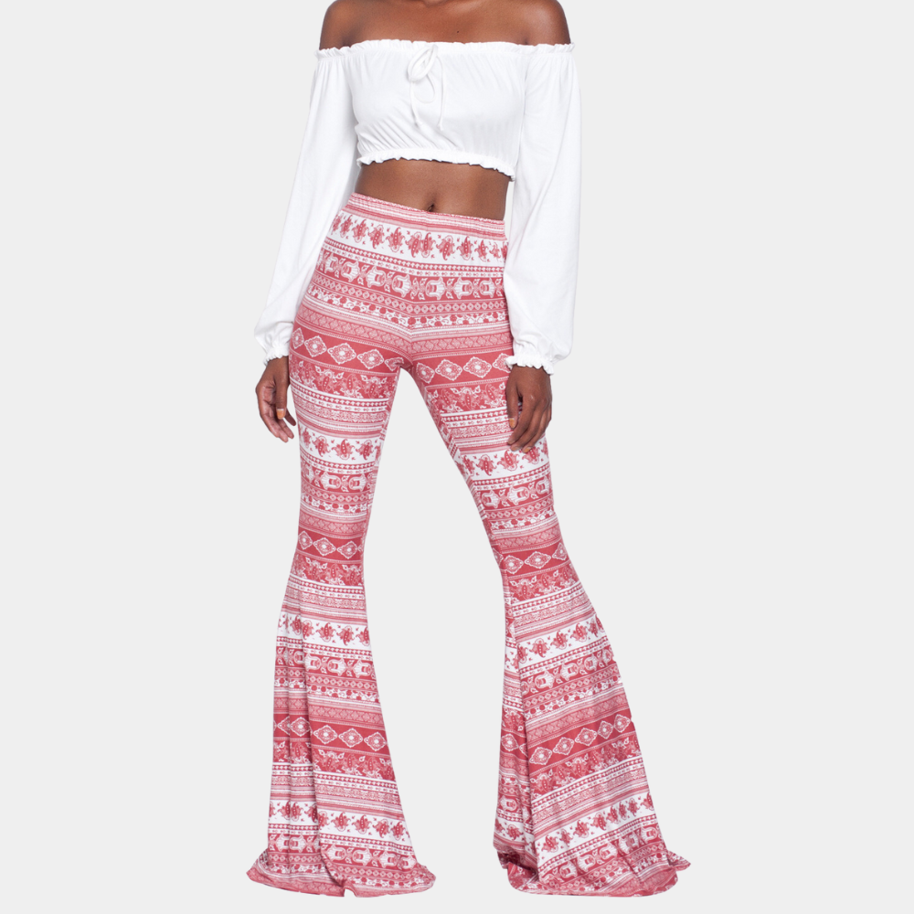 Pantalones acampanados para mujer - Cintura alta - Estampado bohemio - Acampanados y ajustados