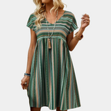 Vestido de mujer - Corte holgado - Talle imperio - Mangas cortas - Estampado de rayas bohemias