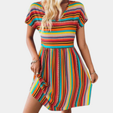 Vestido de mujer - Corte holgado - Talle imperio - Mangas cortas - Estampado de rayas bohemias