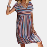 Vestido de mujer - Corte holgado - Talle imperio - Mangas cortas - Estampado de rayas bohemias