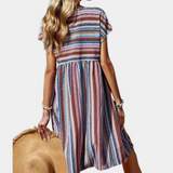 Vestido de mujer - Corte holgado - Talle imperio - Mangas cortas - Estampado de rayas bohemias
