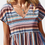 Vestido de mujer - Corte holgado - Talle imperio - Mangas cortas - Estampado de rayas bohemias