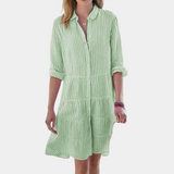 Vestido camisero para mujer - Rayas - Abotonado - Cuello clásico - Mangas enrolladas - Corte holgado