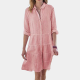 Vestido camisero para mujer - Rayas - Abotonado - Cuello clásico - Mangas enrolladas - Corte holgado