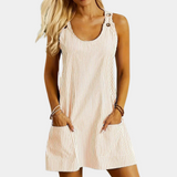 Vestido corto para mujer - Sin mangas - Rayas verticales - Cuello redondo - Bolsillos funcionales