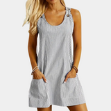 Vestido corto para mujer - Sin mangas - Rayas verticales - Cuello redondo - Bolsillos funcionales