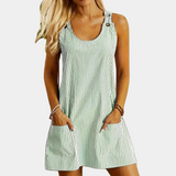 Vestido corto para mujer - Sin mangas - Rayas verticales - Cuello redondo - Bolsillos funcionales