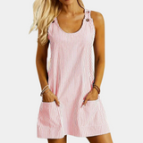 Vestido corto para mujer - Sin mangas - Rayas verticales - Cuello redondo - Bolsillos funcionales