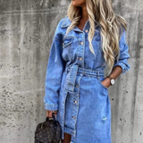 Vestido camisero para mujer - Mezclilla - Mangas largas - Cinturón ajustable - Cierre con botones delanteros