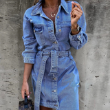 Vestido camisero para mujer - Mezclilla - Mangas largas - Cinturón ajustable - Cierre con botones delanteros