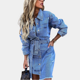 Vestido camisero para mujer - Mezclilla - Mangas largas - Cinturón ajustable - Cierre con botones delanteros