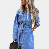 Vestido camisero para mujer - Mezclilla - Mangas largas - Cinturón ajustable - Cierre con botones delanteros