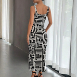 Vestido ajustado para mujer - Sin mangas - Cuello redondo - Estampado geométrico - Largo medio