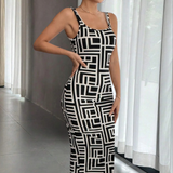 Vestido ajustado para mujer - Sin mangas - Cuello redondo - Estampado geométrico - Largo medio
