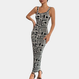 Vestido ajustado para mujer - Sin mangas - Cuello redondo - Estampado geométrico - Largo medio