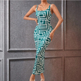 Vestido ajustado para mujer - Sin mangas - Cuello redondo - Estampado geométrico - Largo medio