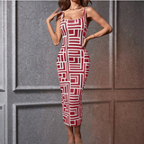 Vestido ajustado para mujer - Sin mangas - Cuello redondo - Estampado geométrico - Largo medio
