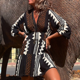 Vestido corto para mujer - Corte holgado - Cuello en V - Mangas abullonadas 3/4 - Estampado geométrico