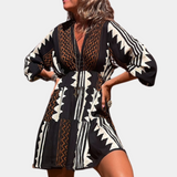 Vestido corto para mujer - Corte holgado - Cuello en V - Mangas abullonadas 3/4 - Estampado geométrico
