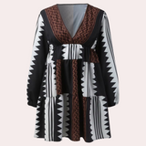 Vestido corto para mujer - Corte holgado - Cuello en V - Mangas abullonadas 3/4 - Estampado geométrico