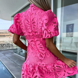Vestido de mujer - Elegante encaje - Mangas cortas abullonadas - Corte acampanado