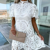 Vestido de mujer - Elegante encaje - Mangas cortas abullonadas - Corte acampanado