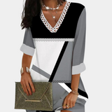 Vestido de mujer - Corte recto cómodo - Escote en V de encaje - Mangas 3/4 - Estampado geométrico
