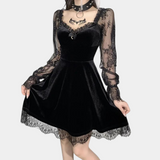 Vestido de mujer - Terciopelo elegante - Mangas largas de encaje - Corte romántico en A