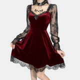 Vestido de mujer - Terciopelo elegante - Mangas largas de encaje - Corte romántico en A
