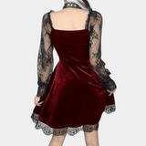 Vestido de mujer - Terciopelo elegante - Mangas largas de encaje - Corte romántico en A