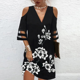 Vestido elegante para mujer - Hombros descubiertos - Mangas 3/4 - Detalle de abertura - Dobladillo floral