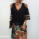 Vestido elegante para mujer - Hombros descubiertos - Mangas 3/4 - Detalle de abertura - Dobladillo floral