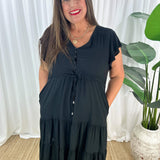 Vestido de mujer – Corte informal – Mangas con volantes – Cuello en V – Botones y cintura ajustable