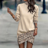 Vestido de suéter para mujer - Minivestido holgado - Cuello alto - Mangas largas - Estampado de leopardo
