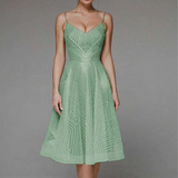 Vestido de cóctel para mujer - Escote en V - Tirantes finos - Corte midi acampanado - Tejido brillante