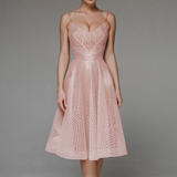Vestido de cóctel para mujer - Escote en V - Tirantes finos - Corte midi acampanado - Tejido brillante