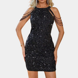 Vestido de cóctel para mujer - Entallado - Hombros descubiertos - Lentejuelas brillantes