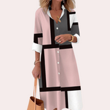 Vestido camisero para mujer - Mangas 3/4 - Cuello clásico - Abotonado - Estampado geométrico