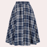 Falda midi de mujer - Cintura alta, acampanada - Estampado de cuadros - Botones decorativos