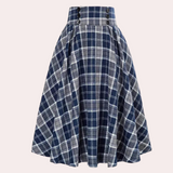 Falda midi de mujer - Cintura alta, acampanada - Estampado de cuadros - Botones decorativos