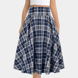 Falda midi de mujer - Cintura alta, acampanada - Estampado de cuadros - Botones decorativos