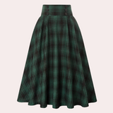 Falda midi de mujer - Cintura alta, acampanada - Estampado de cuadros - Botones decorativos