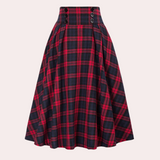 Falda midi de mujer - Cintura alta, acampanada - Estampado de cuadros - Botones decorativos