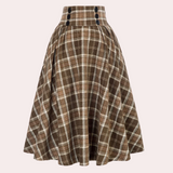 Falda midi de mujer - Cintura alta, acampanada - Estampado de cuadros - Botones decorativos